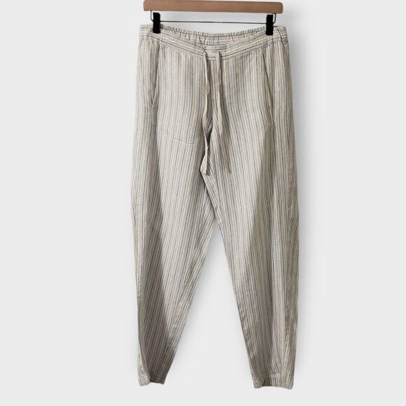 J. Jill Love Linen Tan Blue Stripe Straight Leg Pants Drawstring Pocket XS Beach - Picture 1 of 13